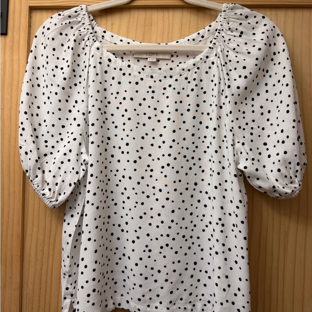 LOFT White Top with Black Polka Dots and Puff Sleeves